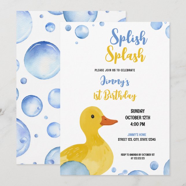 Invitation Aquarelle Jaune Canard Bébé Garçon Anniversaire (Devant / Derrière)