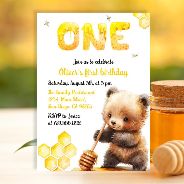 Invitation Aquarelle Jaune Douce Ours Miel Premier anniversai (Créateur téléchargé)