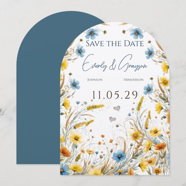 Invitation Aquarelle Jaune Élégance & Ciel Bleu Floral (Devant / Derrière)