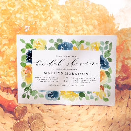 Invitation Aquarelle jaune et bleu Fête des mariées florale