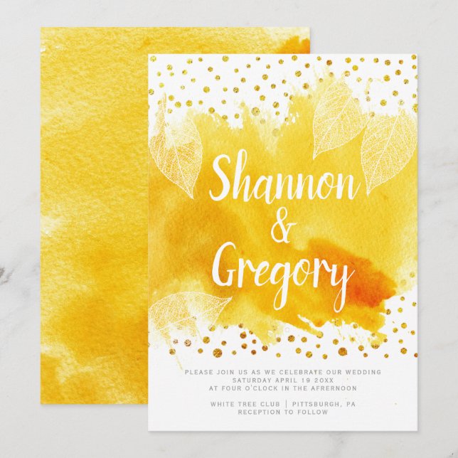 Invitation Aquarelle jaune et mariage de confettis d'or feuil (Devant / Derrière)