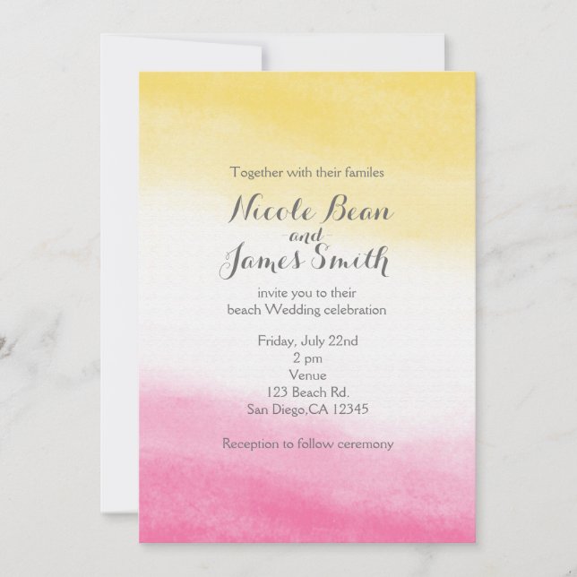 Invitation Aquarelle jaune et rose Mariage élégant (Devant)
