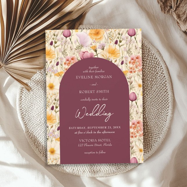 Invitation Aquarelle jaune et violet clair fleurs sauvages (Watercolor pale purple and yellow wild flowers invitation)