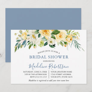 Invitation Aquarelle Jaune Floral Dusty Fête des mariées bleu