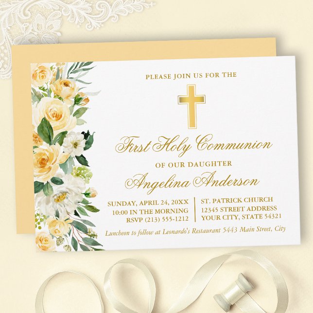 Invitation Aquarelle Jaune Floral Or Première Communion (Customize to change text color, size, style or to change color of back of card.)