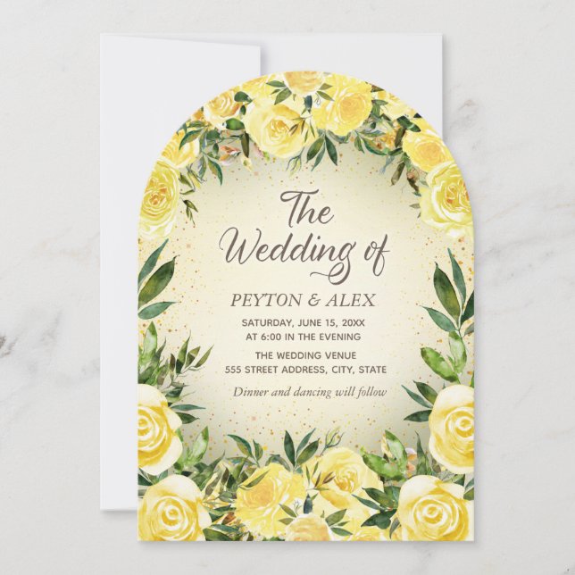 Invitation Aquarelle jaune Floral Parties scintillant or Mari (Devant)