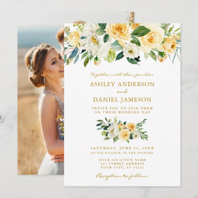 Invitation Aquarelle Jaune Floral Photo Mariage or (Devant / Derrière)