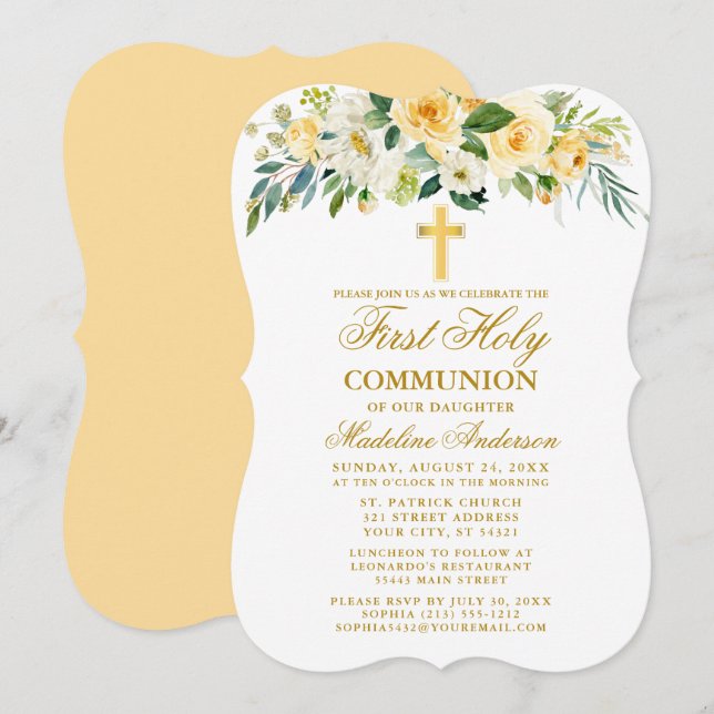 Invitation Aquarelle Jaune Floral Première Communion Or (Devant / Derrière)