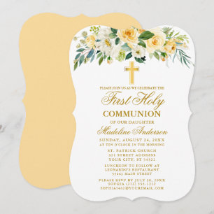 Invitation Aquarelle Jaune Floral Première Communion Or