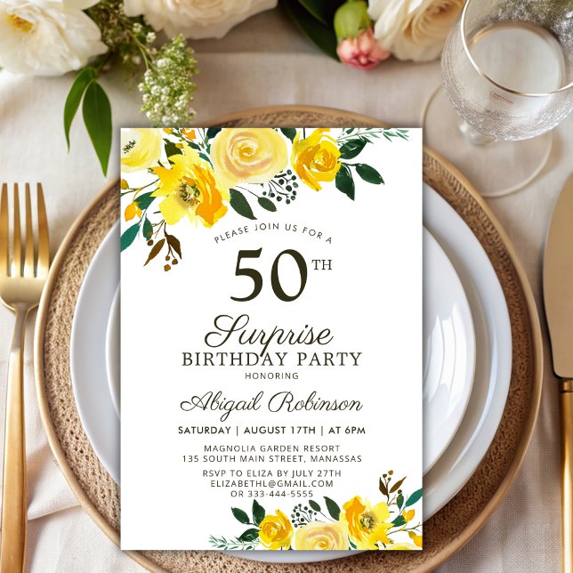 Invitation Aquarelle jaune Floral Surprise 50e anniversaire (Créateur téléchargé)