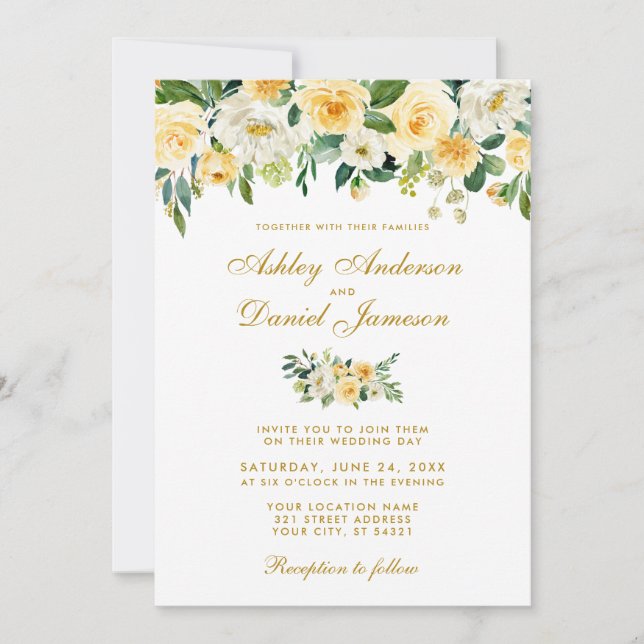 Invitation Aquarelle Jaune Mariage Vert Or (Devant)