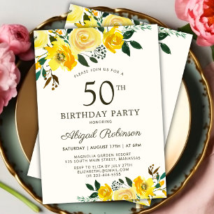 Invitation Aquarelle jaune moderne Rose Floral 50e anniversai