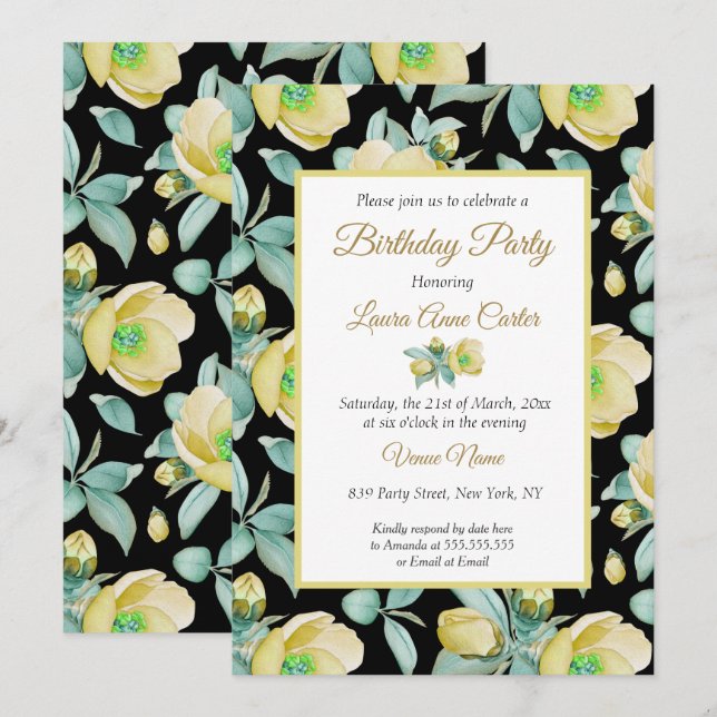 Invitation Aquarelle Jaune Noire Florale Fête Anniversaire (Devant / Derrière)