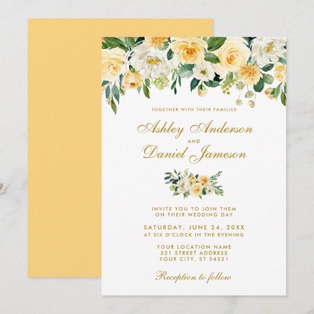 Invitation Aquarelle jaune or blanc Mariage (Devant / Derrière)
