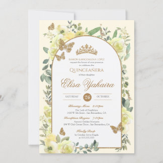 Invitation Aquarelle jaune Papillon doré Quinceanera