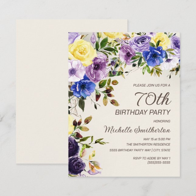 Invitation Aquarelle jaune pourpre Floral 70e anniversaire (Devant / Derrière)