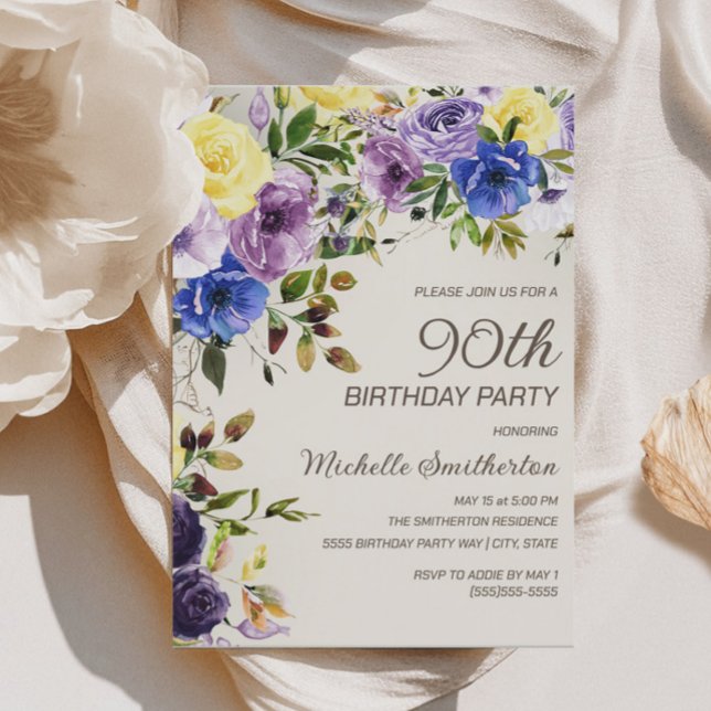 Invitation Aquarelle jaune pourpre Floral 90e anniversaire (Purple and yellow watercolor floral 90th birthday party invitation)