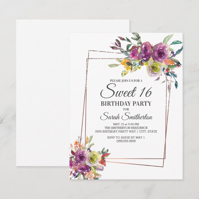 Invitation Aquarelle jaune pourpre Floral Géométrique doux 16 (Devant / Derrière)