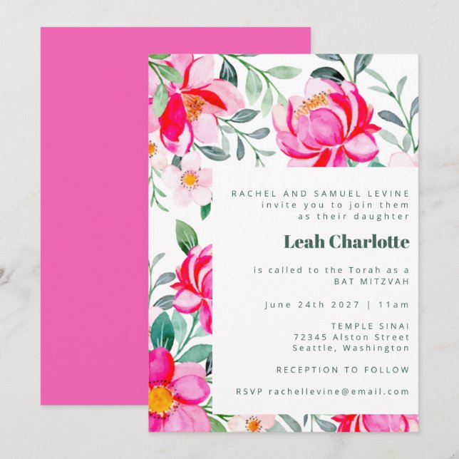 Invitation Aquarelle jaune rose chaud mignonne Bat mitzvah fl (Devant / Derrière)