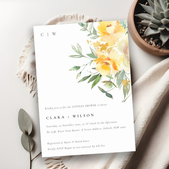 Invitation Aquarelle Jaune Rose Fleur Couples Douche (Créateur téléchargé)