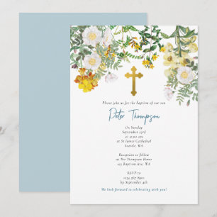 Invitation Aquarelle jaune Rose Fleur Jardin Garçon Baptême