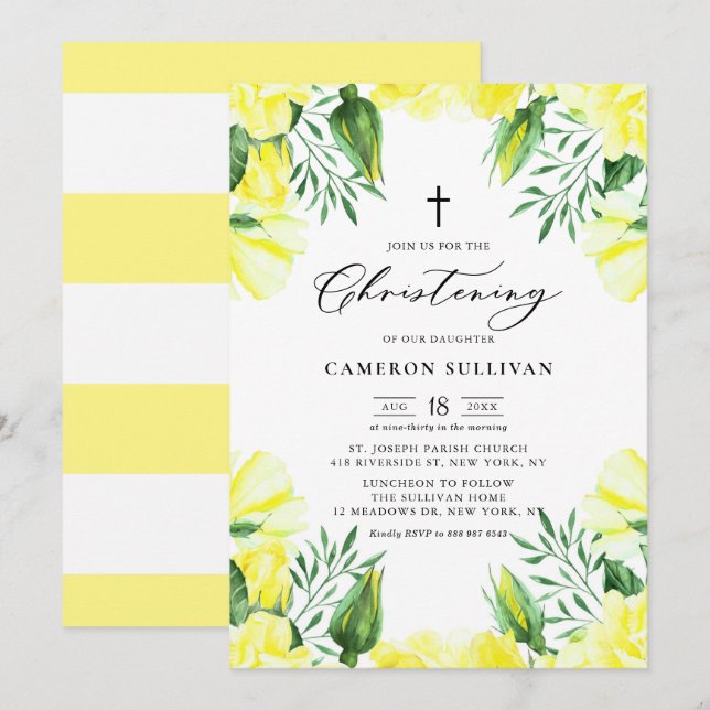 Invitation Aquarelle Jaune Roses Garland Summer Christine (Devant / Derrière)