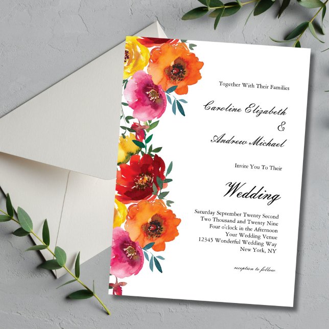 Invitation Aquarelle jaune rouge rose orange Mariage floral (Yellow Pink Red Orange Watercolor Florals Wedding Invitation. Printed or Digital download)