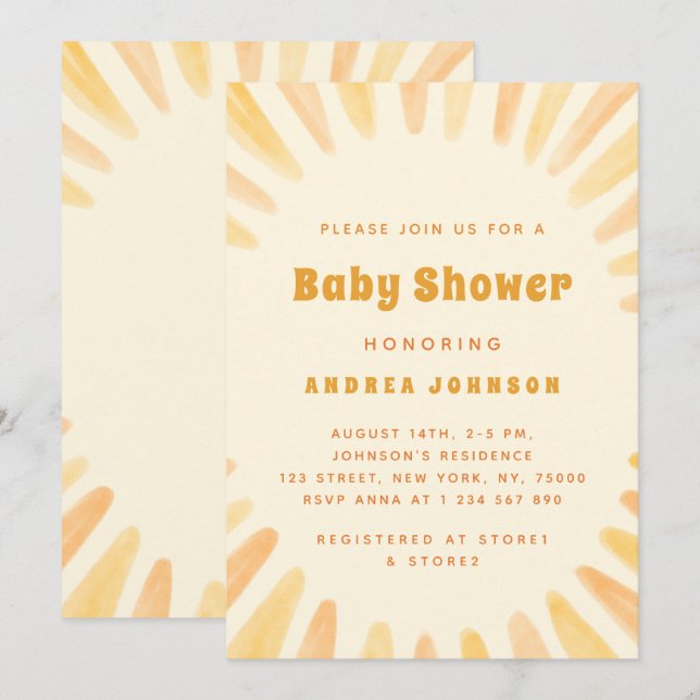Invitation Aquarelle Jaune Soleil Neutre Baby shower Soleil (Devant / Derrière)
