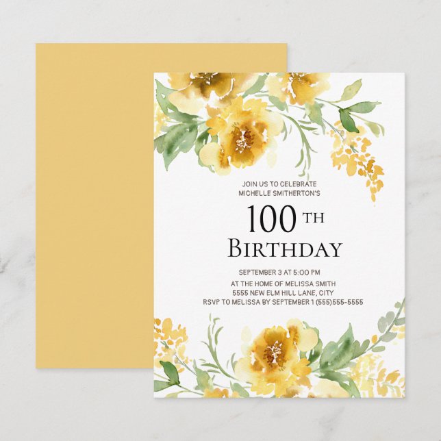 Invitation Aquarelle Jaune Verdure Florale 100e anniversaire (Devant / Derrière)