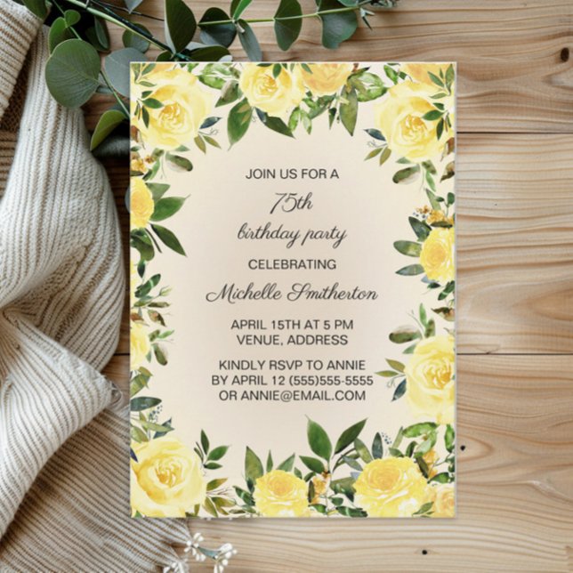 Invitation Aquarelle Jaune Verdure Florale 75e anniversaire (Yellow floral and greenery 75th birthday party invitation)