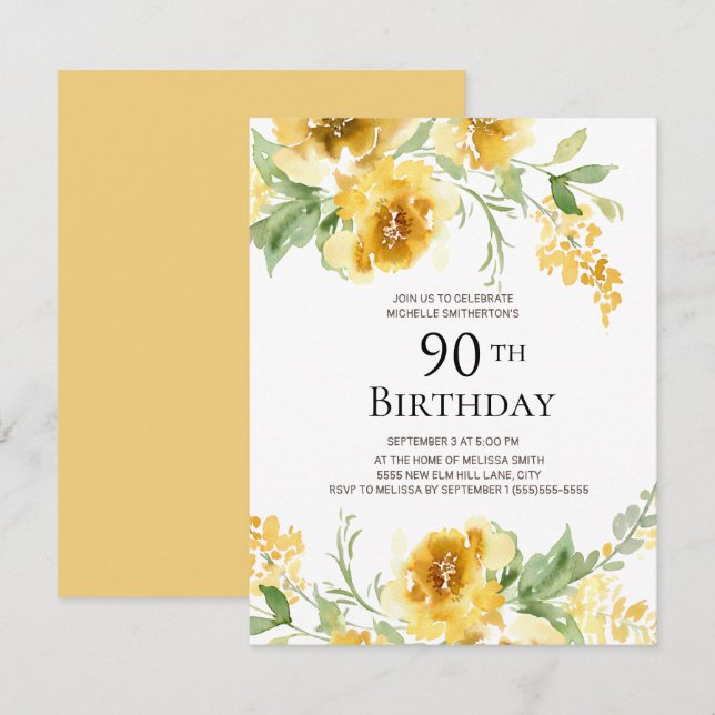 Invitation Aquarelle Jaune Verdure Florale 90e anniversaire (Devant / Derrière)