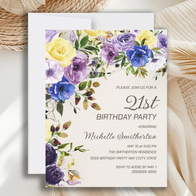 Invitation Aquarelle jaune violet Floral 21e anniversaire (Purple and yellow watercolor floral 21st birthday party invitation)