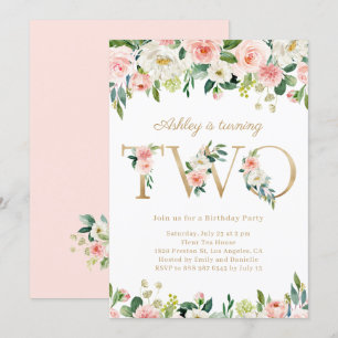 Invitation Aquarelle Jolie Floral Gold Girl Deuxième annivers
