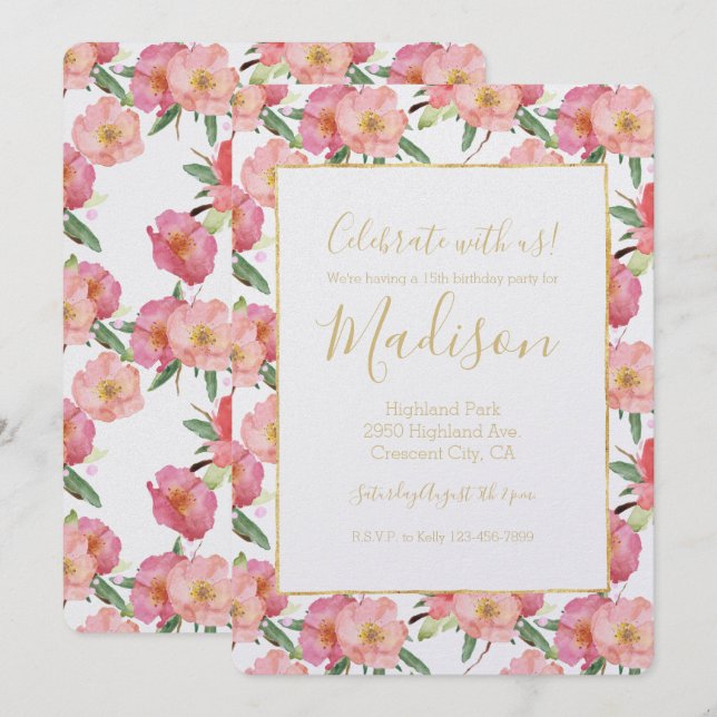 Invitation Aquarelle jolie rose Floral (Devant / Derrière)