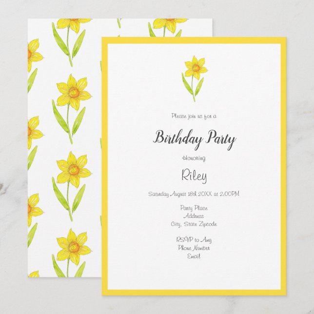 Invitation Aquarelle jonquille 2 et Motif (Devant / Derrière)
