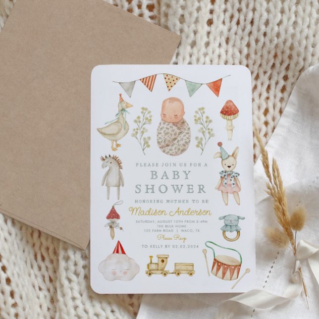 Invitation Aquarelle Jouets bébé Vêtements Baby shower Esenti (Créateur téléchargé)