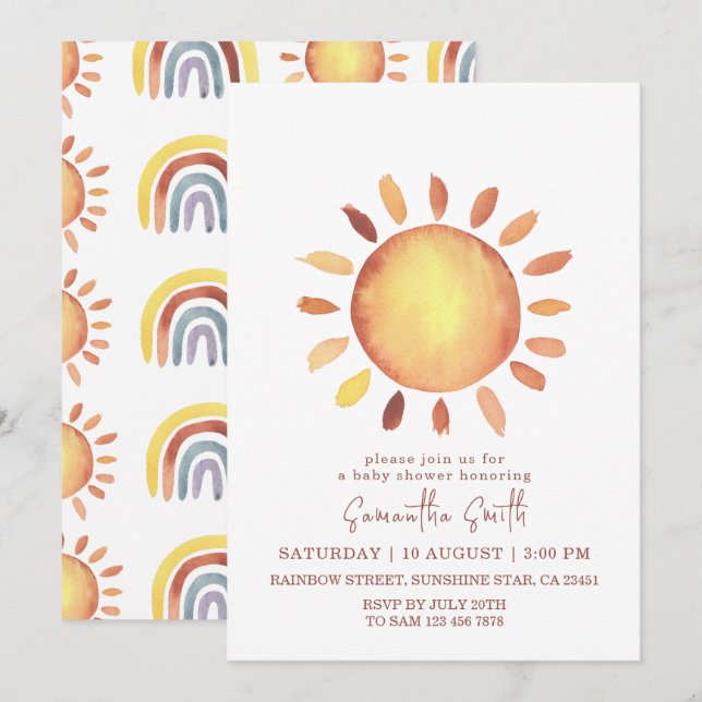 Invitation Aquarelle Joyeux Baby shower de soleil Jaune (Devant / Derrière)