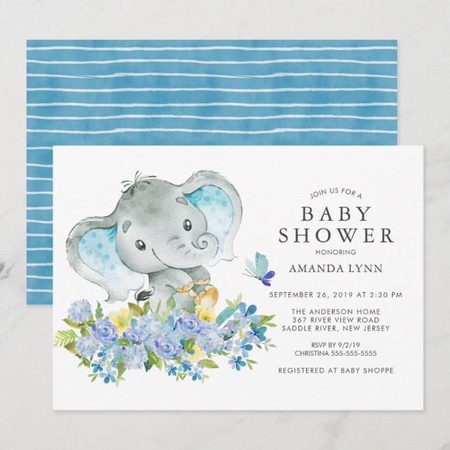 Invitation Aquarelle Joyeux éléphant bébé douche garçon (Devant / Derrière)