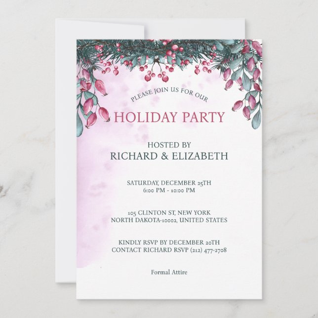 Invitation Aquarelle Joyeux Noël fête Holly Festive (Devant)