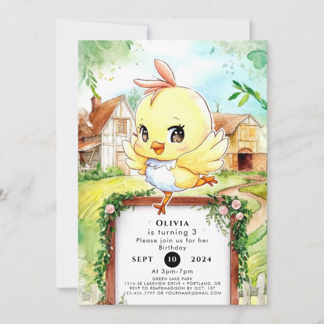 Invitation Aquarelle Joyeux Poulet Anniversaire (Devant)