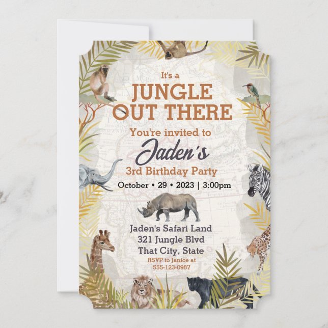 Invitation Aquarelle Jungle Animal 3ème anniversaire Invitati (Devant)