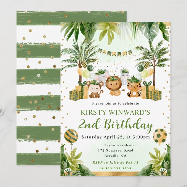 Invitation Aquarelle Jungle Animaux Anniversaire de enfant (Devant / Derrière)
