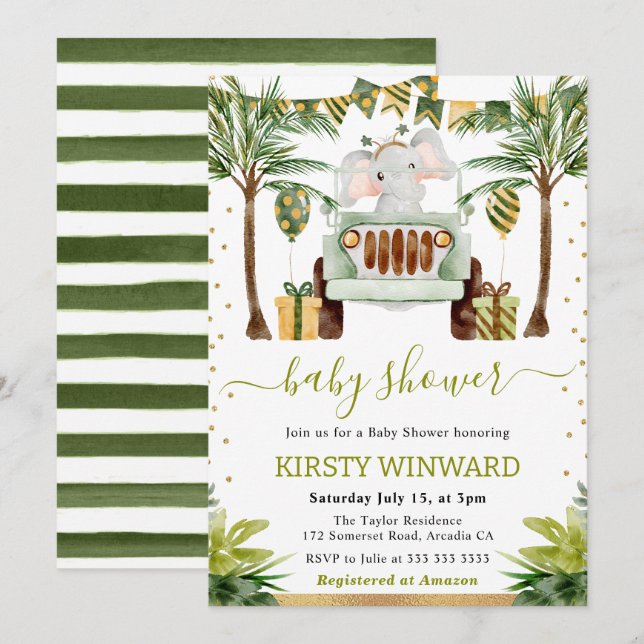 Invitation Aquarelle Jungle Baby shower éléphant (Devant / Derrière)