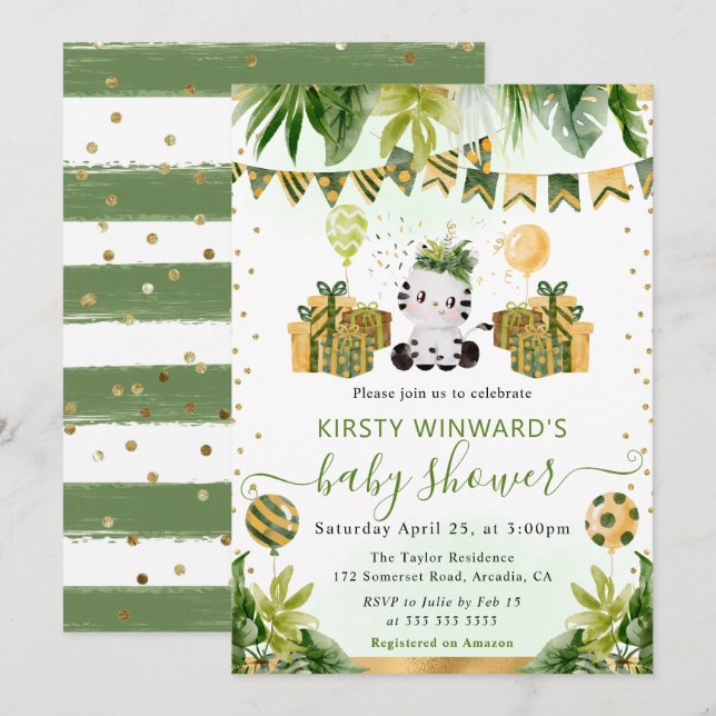 Invitation Aquarelle Jungle Baby shower Zebra (Devant / Derrière)