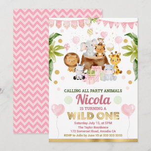 Invitation Aquarelle Jungle Safari Animaux Filles Anniversair
