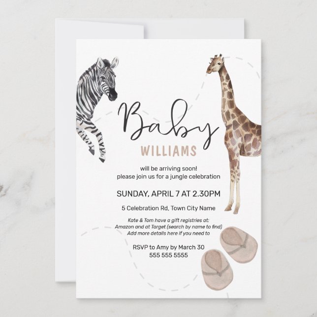 Invitation Aquarelle Jungle Safari Baby shower animal fille (Devant)