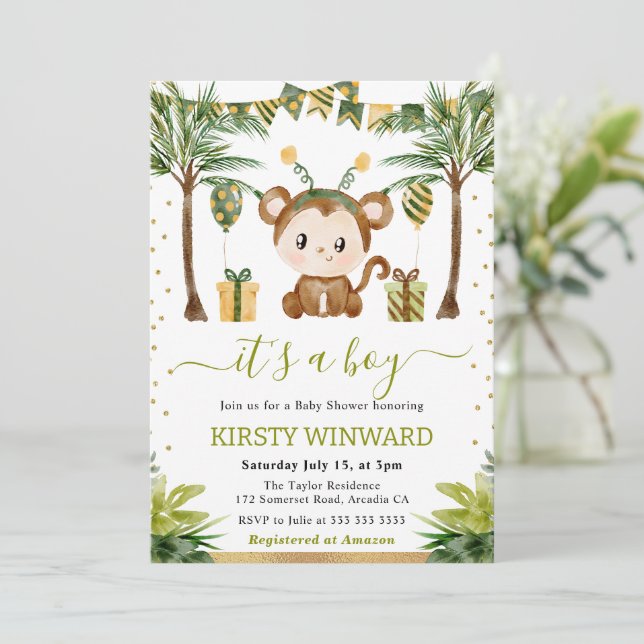 Invitation Aquarelle Jungle Singe Baby Boy Douche (Debout devant)