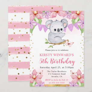 Invitation Aquarelle Koala Mignon & Fleurs Tropicales Anniver