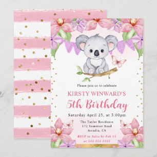 Invitation Aquarelle Koala Mignon & Fleurs Tropicales Anniver