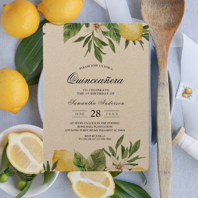 Invitation Aquarelle Kraft Citrons jaunes et feuilles (Créateur téléchargé)